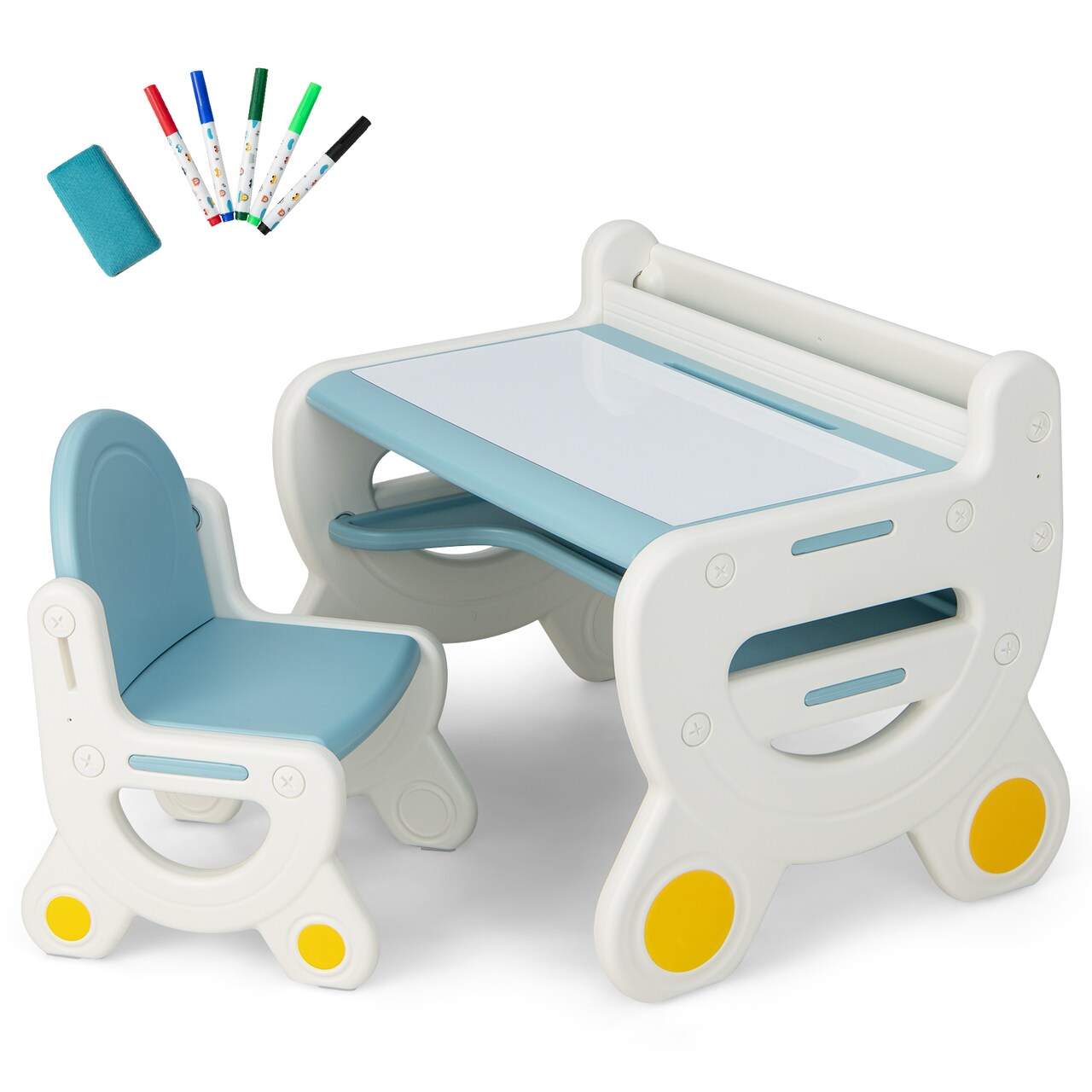 Kids Drawing Table and Chair Set Erasable Desktop Storage Shelf